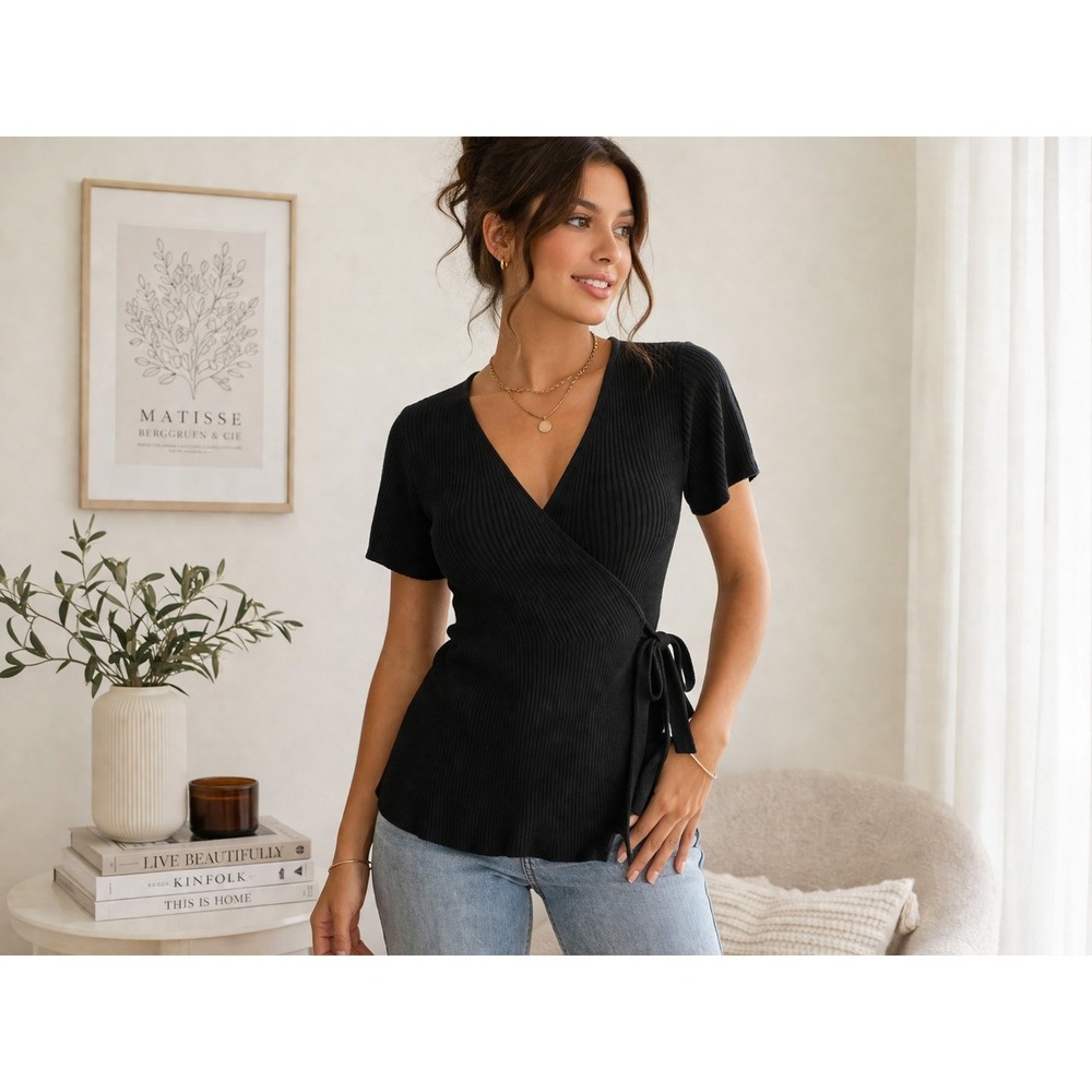Black Rib Knit Wrap Top‎ Women's Small Surplice Side Tie V Neck Short Sleeve NWT